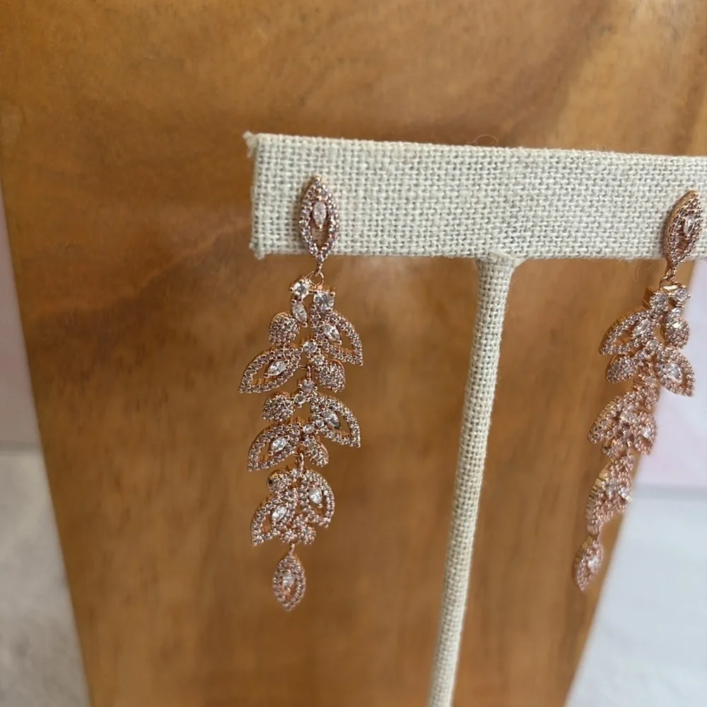 Rose Gold Vermeil Leaf Crystal Drop Earrings